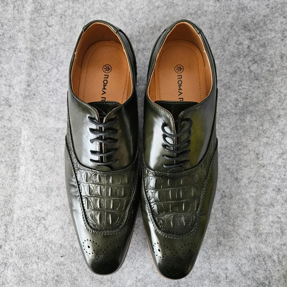 Romano Pietro Olive Green Crocodile Embossed Wingtip Brogue Oxford Shoes 10.5